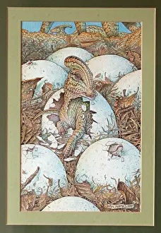 Parasaurolophus: Illustration - Parasaurolophus hatchling emerging