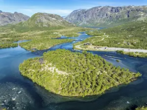 Chain: Islands in river Sjoa, famous Besseggen ridge in