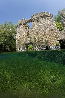 Abruzzi: Italy, Abruzzo, Capestrano, Capo d'Acqua lake the walls of t