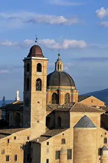 Turret: Italy, Le Marche, Urbino. Buildings at Piazza