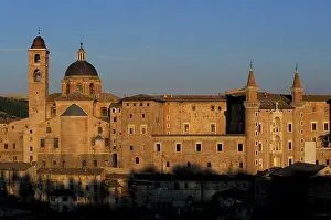 Turret: Italy, Le Marche, Urbino. Buildings at Piazza
