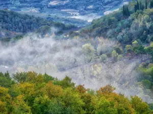Julie: Italy, Tuscany. Autumn morning with fog in the Tuscan