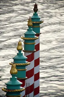 Gondola: Italy, Venice. A line of gondola parking