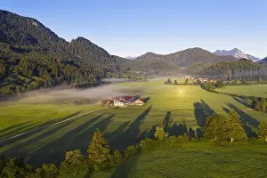 Jachenau: Jachenau in the morning light, Isarwinkel, aerial