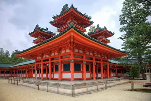 Railing: Japan, Kyoto. Colorful Shinto shrine on