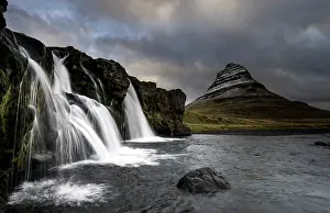 Dreary: Kirkjufell Mountain and waterfalls at dawn