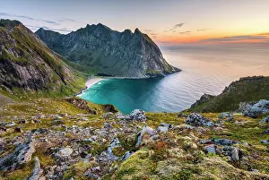 Wide: Kvalvika beach between the Lofoten mountains, back