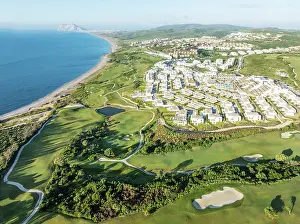 Gibraltar: The La Hacienda Links Golf Resort at the Mediterranean Sea with the Rock of Gibraltar (British) in the distance