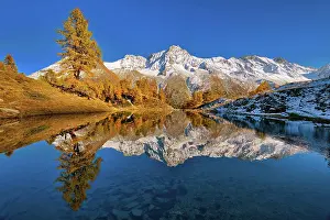 Bleu: Lac Bleu with autumn coloured larch, reflection