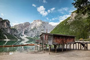 Boathouse: Lake Braies, mountain lake with boathouse and boats