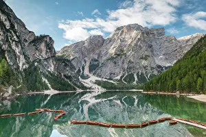 Rowing: Lake Braies, mountain lake with rowing boats, behind