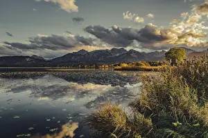 Picturesque: Lake Hopfensee in the Allgau in autumn with warm sunset light against a picturesque Alpine backdrop