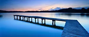 Lakeland: Lake with jetty, evening mood, Lake Dambeck, Mecklenburg