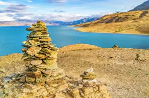 Cairn: Lake, Ladakh, India. Landscape view of stone cairns