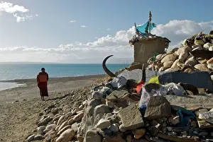 Mani: Lake Manasarovar mani stones and monk