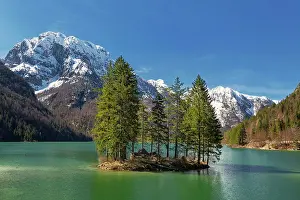Giulia: Lake Raibl with small tree island, snow-capped mountains