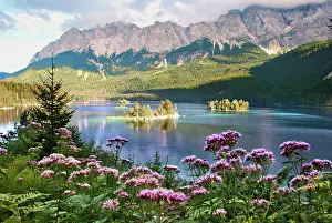 Garmisch: Lake with Zugspitze and islands, Eibsee lake, near