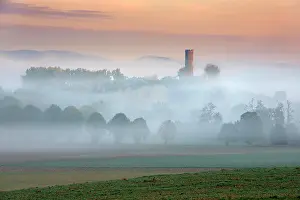 Thuringia: Landscape in North Hesse, morning fog and dawn red