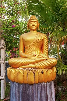 Haseltine: Laos, Luang Prabang. Golden Buddha statue with elongated