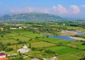 Mosque: Lead mosque and river Kir, view from castle Rozafa