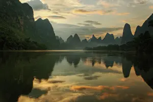 Guilin: Li River and karst peaks at sunrise, Guilin