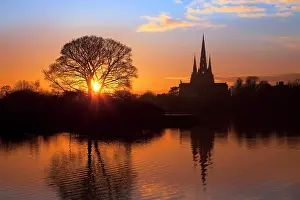 Cathedrals: Lichfield Cathedral at sunset with reflections in