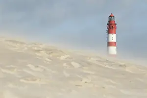 Amrum: Lighthouse in dune landscape, fog, Amrum island