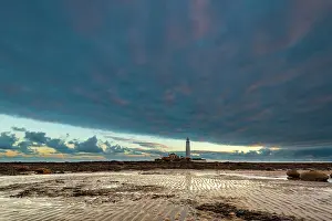 Northumberland: Lighthouse, St. Mary's Lighthouse at low tide with