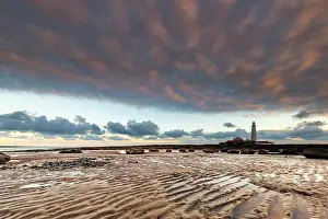 Northumberland: Lighthouse, St. Mary's Lighthouse at low tide with