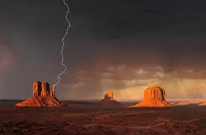 Composite: Lightning strikes during a thunderstorm in the evening