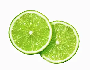 Aurantiifolia: Lime. Citrus aurantiifolia, Plan view of two slices
