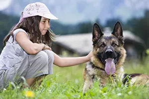 Cherished: A little girl caresses a German shepherd lying in a meadow