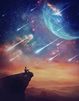 Comet: Lone person on the peak of a cliff admiring a wonderful