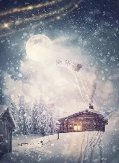 Reindeer: Magical holiday scene and Santa Claus sleigh with
