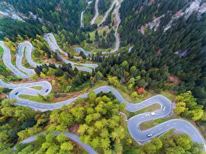 Connection: Maloja Pass, winding Swiss Alpine pass, drone photo
