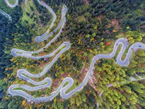 Connection: Maloja Pass, winding Swiss Alpine pass, drone photo