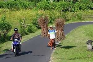 Motorcycle: Man - carrying firewood along road - with man on motorbike
