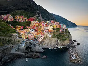 Spezia: Manarola, aerial view at sunrise, harbour, Cinque