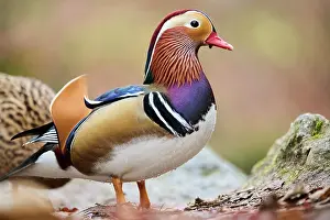 Mandarin: Mandarin duck (Aix galericulata) male swimming on