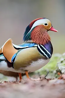 Mandarin: Mandarin duck (Aix galericulata) male swimming on