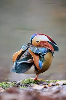 Mandarin: Mandarin duck (Aix galericulata) male swimming on
