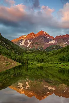 Bells: Maroon Bells reflect into calm Maroon Lake