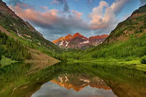 Bells: Maroon Bells reflect into calm Maroon Lake