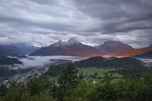 Misty: Marxenhohe near Berchtesgaden with Watzmann view in the morning mist and alpenglow after the rain Marxenh
