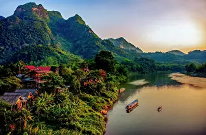 Cabin: Mekong River village, Laos. Landscape view of mountain