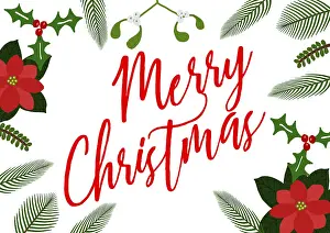 Text: Merry Christmas with winter foliage, poinsettia