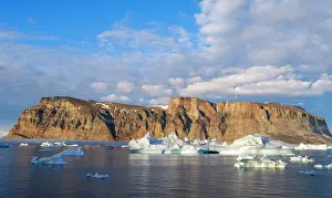 Fjord: Midnight sun at Storoen Island. Landscape in the Uummannaq
