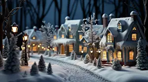 Generated: Miniature holiday christmas decorated town and snowy