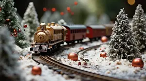 Generated: Miniature locamotive train set in A snowy christmas