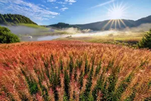 Franche: Mists on Lac de lEmbouteilleux, reservoir, near